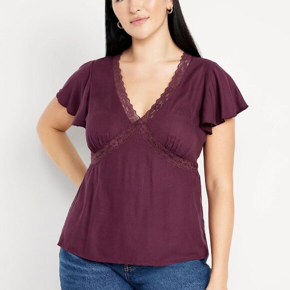 (NWT) Old Navy - burgundy lace-trim v-neck crepe top (large) - Picture 1 of 5